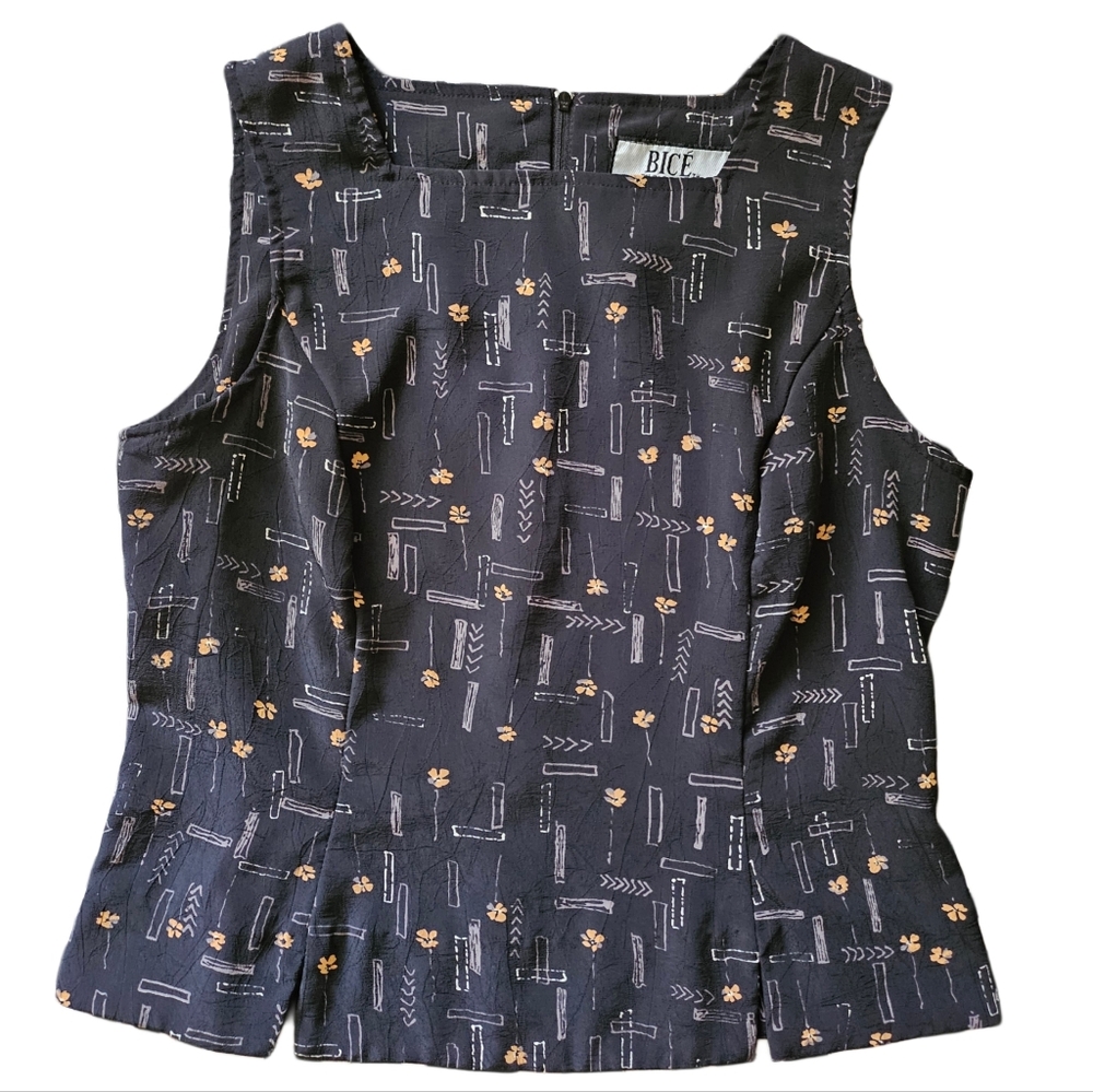 Bicé by Sag Harbor Petite Womens Vest Shirt Black Abstract Design Yellow Flowers